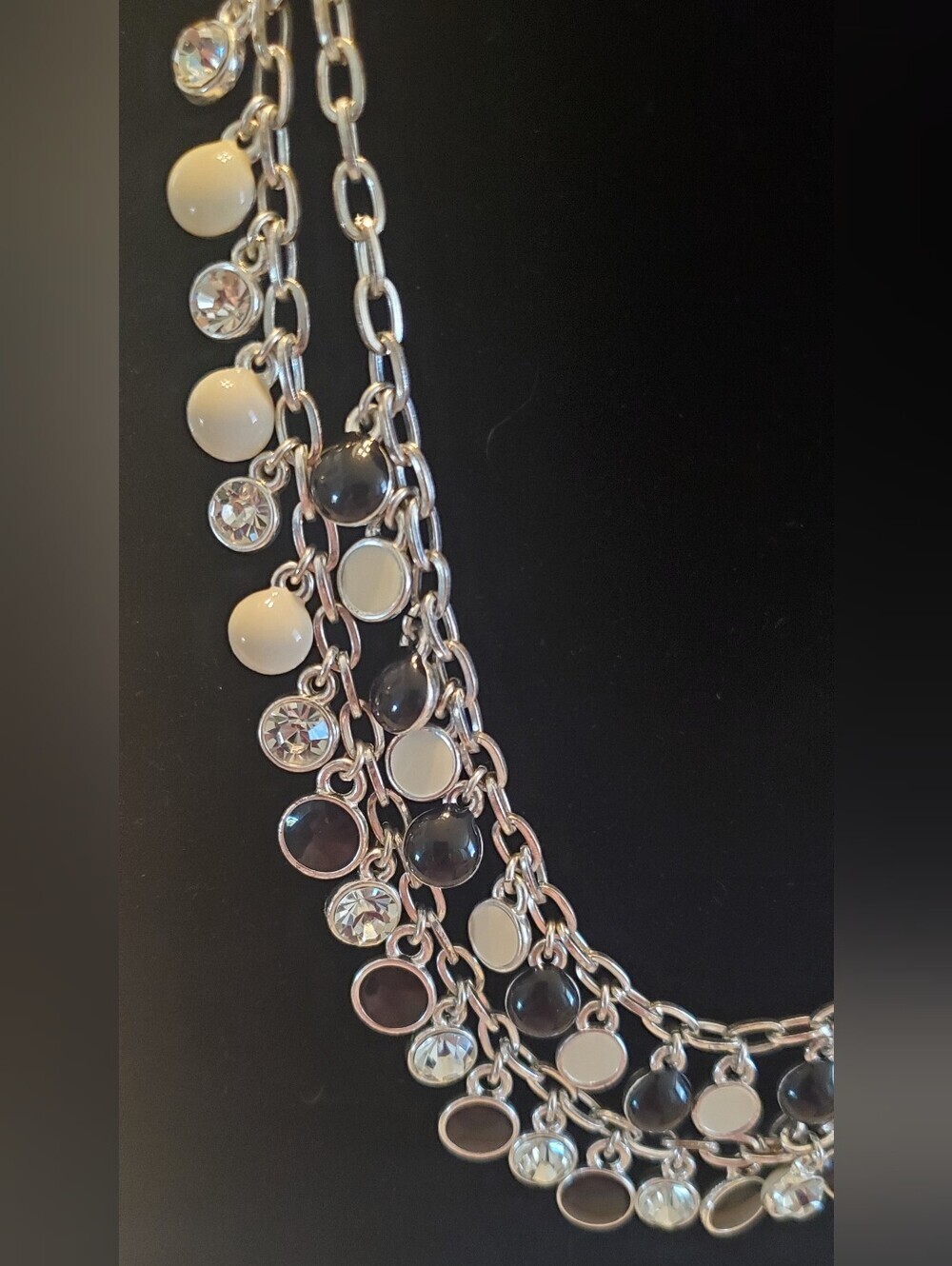 White House Black Market Layered Black Cream Crystal Charm Statement Necklace - Picture 4 of 7